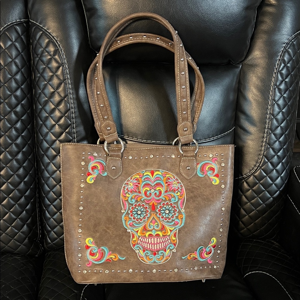 Brown Embroidered Skull Concealed Carry Purse